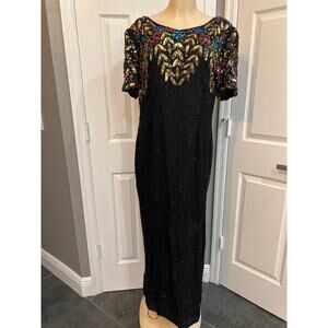 Vintage Patra Woman Black Beaded Gown Gold Floral Sequin Maxi Dress Size 20